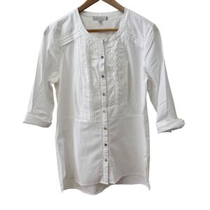 Pale Sky Tunic Top Size Large White Crochet Lace Pintuck Button Down